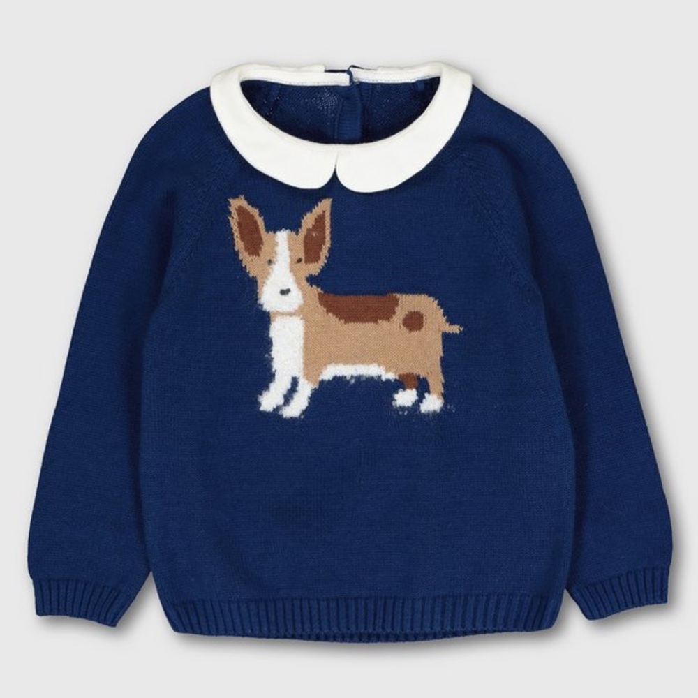 TU baby boys girls navy corgi dog sweater Peter Pan collar 18-24 mo